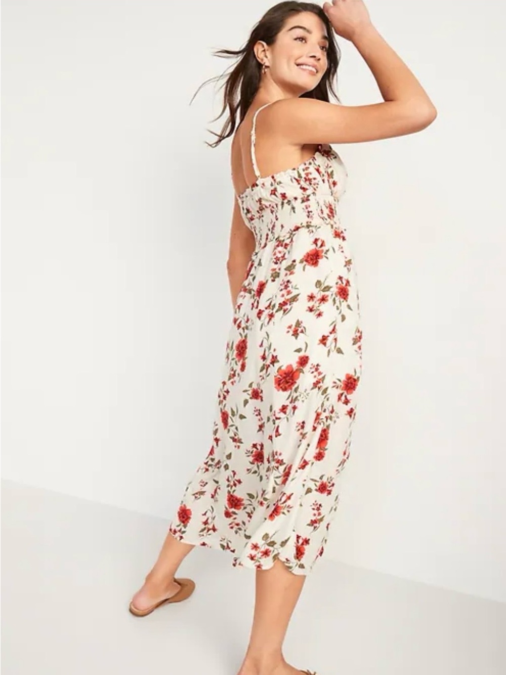 Old Navy White Floral Midi Dress with Red & Green Print